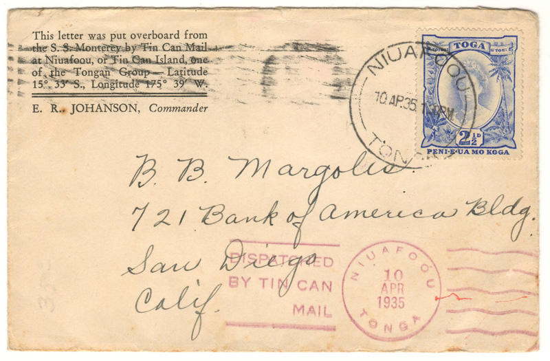 Lot 172 Tonga 1935 2.5d Tin Can Canoe Mail Cover to San Diego 