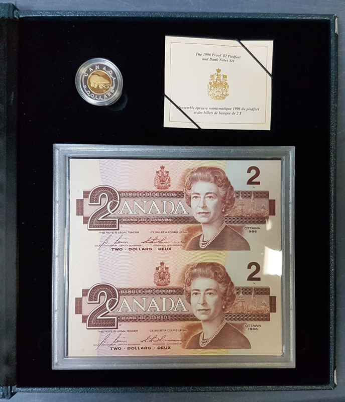 Canada Proof 1996 Piedfort Silver $2 & Uncut Replacement $2 Bills Set