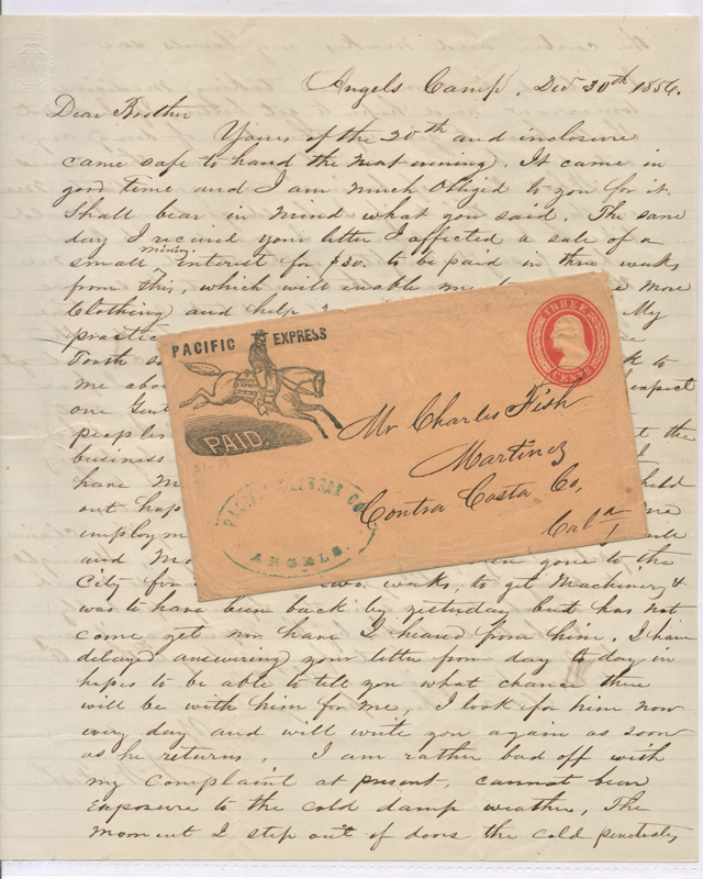 Pacific Express 30 De 1856 Paid 3c Angel's Camp 2-pg letter