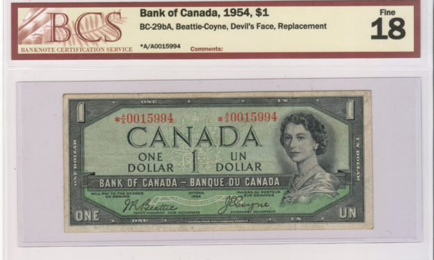 Canada #BC-29bA BCS F18 1954 prefix A/A Replacement Devil Dollar