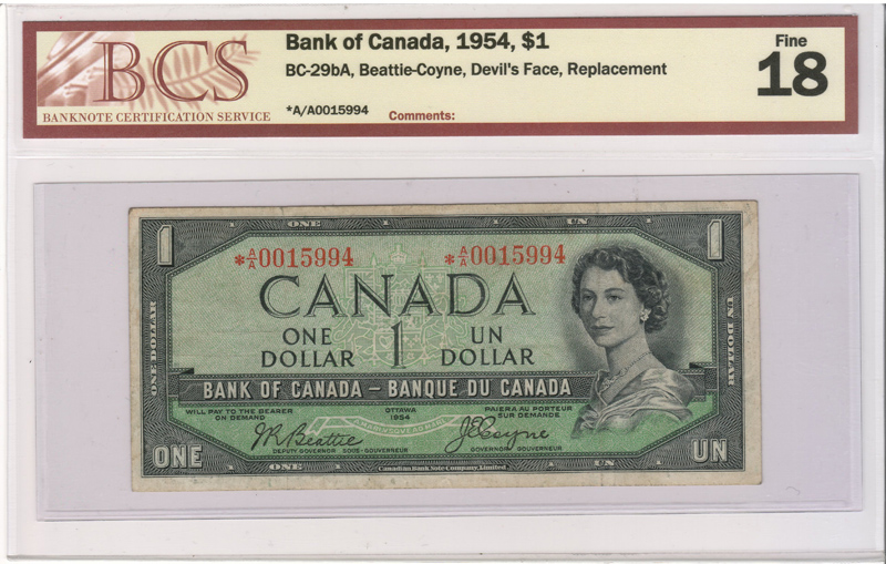Lot 193 Canada #BC-29bA BCS F18 1954 prefix A/A Replacement Devil Dollar
