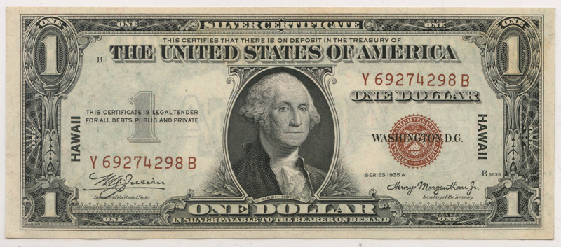 Lot 194 U.S.A./Hawaii Unc 1935A Emergency Printing $1 Silver Certificate