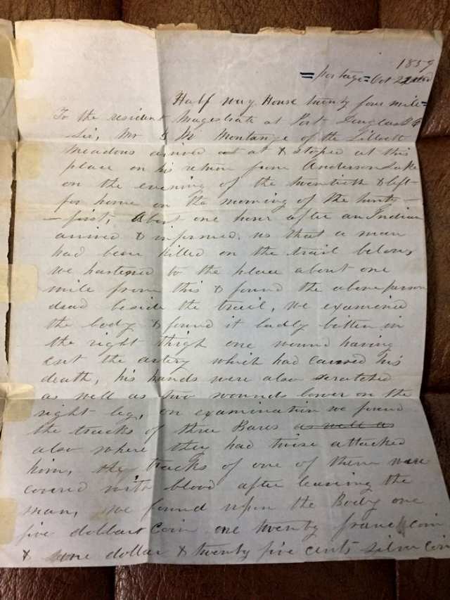Letter about the death of a prospector from a bear attack, dated Oct. 22, 1859.