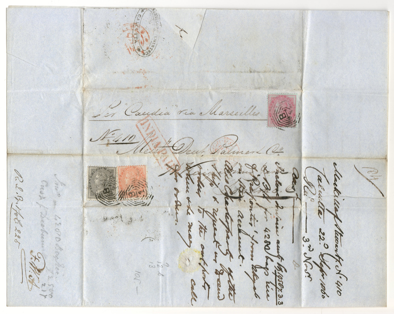 India 22 Dec 1860 14a Calcutta/London India Paid P&O F.L.S.