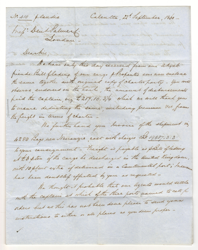 India 22 Dec 1860 14a Calcutta/London India Paid P&O F.L.S.