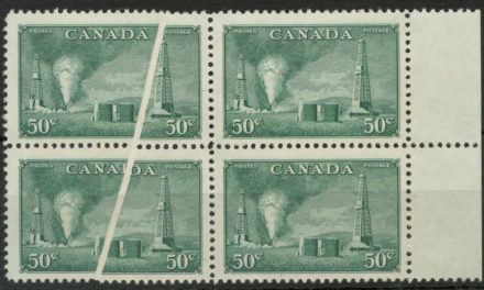 Canada #294var 1950 50c Oil Pre-Printing Crease Block