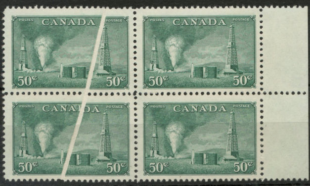Canada #294var 1950 50c Oil Pre-Printing Crease Block