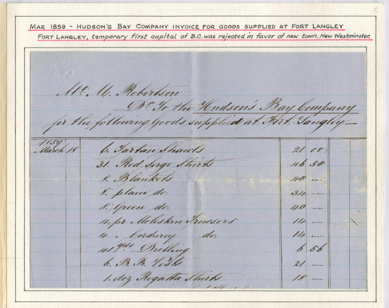 Page 5 Invoice for goods supplied to H.B.C. at Fort Langley 1859, Fraser River Gold Rush collection