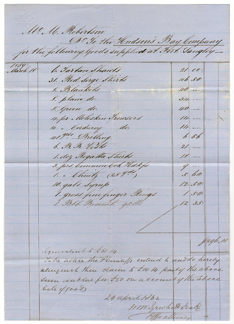 March 1859 Hudson’s Bay Company Invoice for Goods supplied at Fort Langley