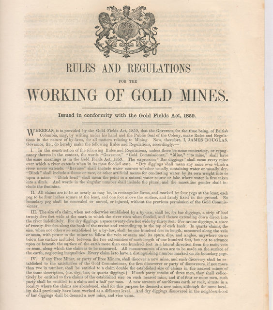 1859 Rules & Regs for the Working of Gold Mines