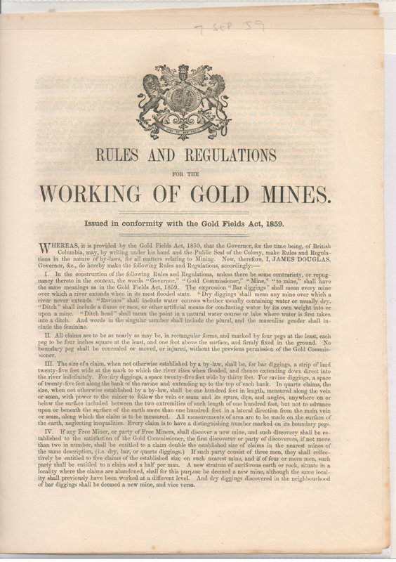 Rules & Regs for the Working of Gold Mines 7 September 1859 Proclamation