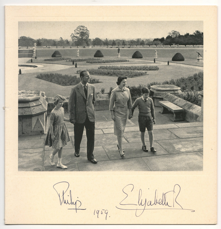 Queen Elizabeth II & Prince Philip with Charles and Anne, signed beneath 1959