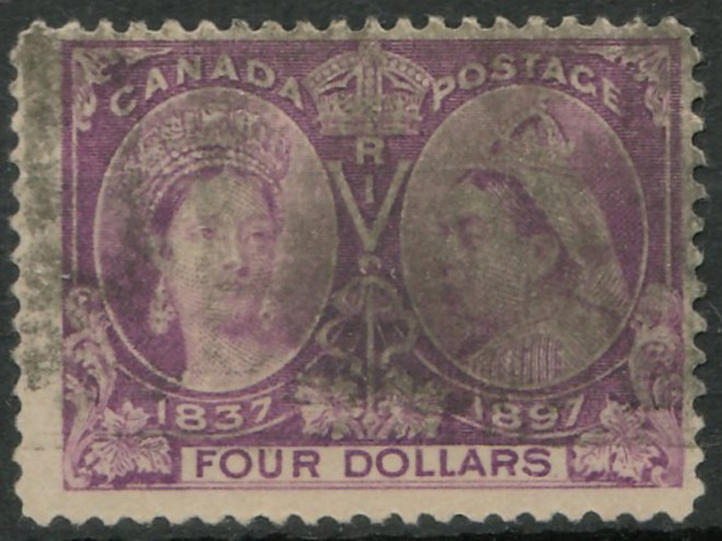 Canada #64 Fine Used 1897 $4 Jubilee smudge cancel