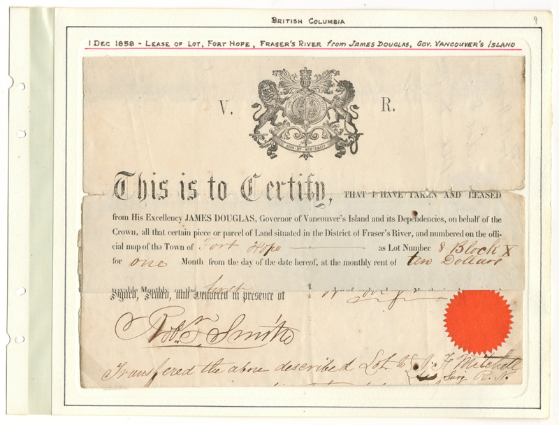 Fort Hope 1 Dec. 1858 Lot Lease from James Douglas page 9