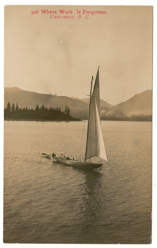 Postcard of dinghy sailing in calm waters British Columbia landscape
