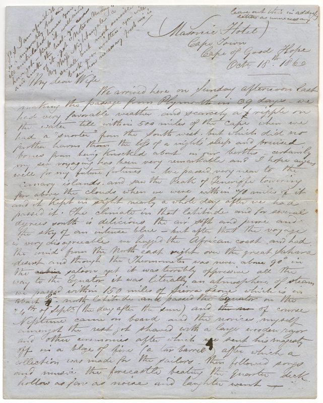 First page of Capetown 18 Oct 1860 Marcus Smith 4-page letter to his Canadian wife