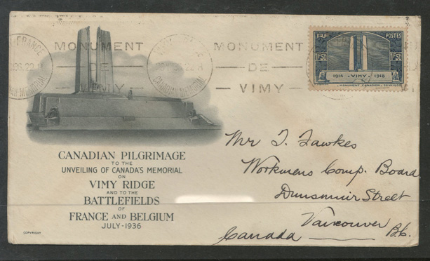 Vimy Memorial, France FDC to Vancouver, B.C. 26 July 1936