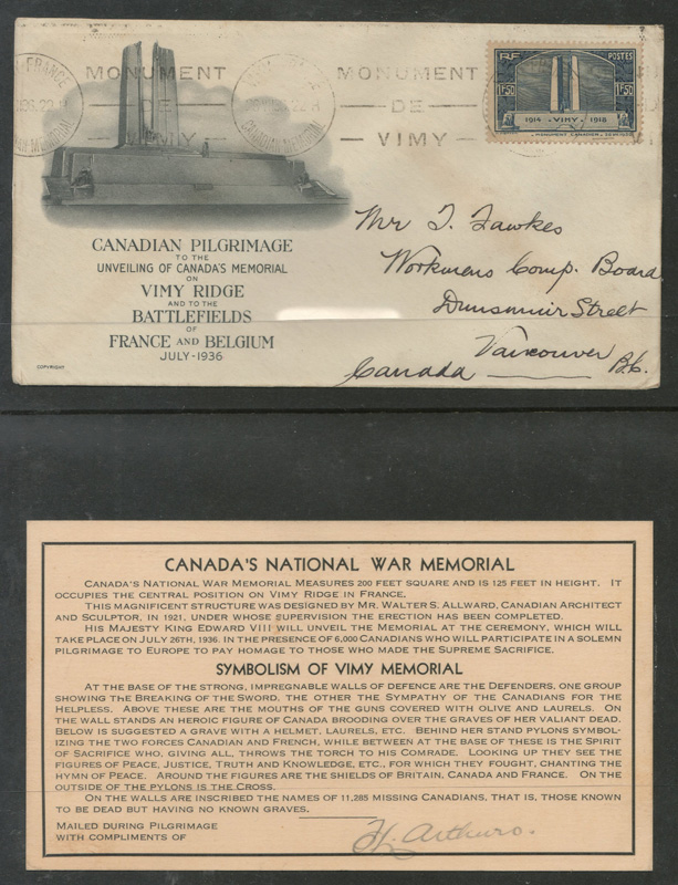 FDC and card in folder for 26 July 1936 Vimy Memorial FDC to Vancouver, B.C.