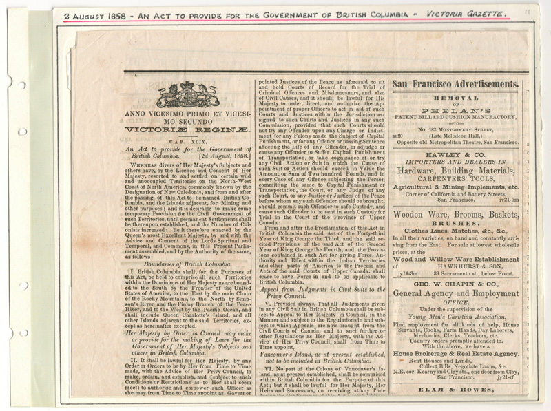 Page 11 1858 Act to Provide for the Government of B.C. in Victoria Gazette
