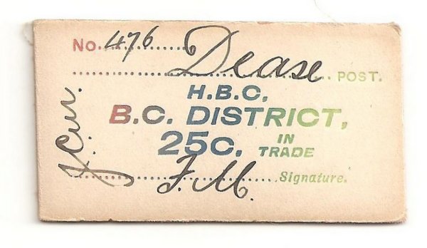 Front of Dease Creek cream 25 Cent card money No. 476