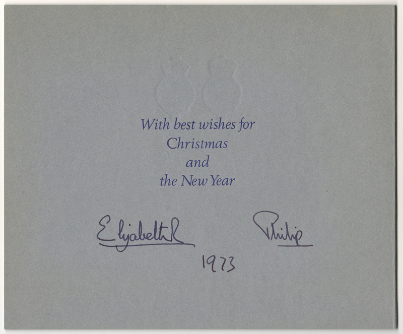 Card best wishes with Elizabeth R and Philip signatures handwritten 1973