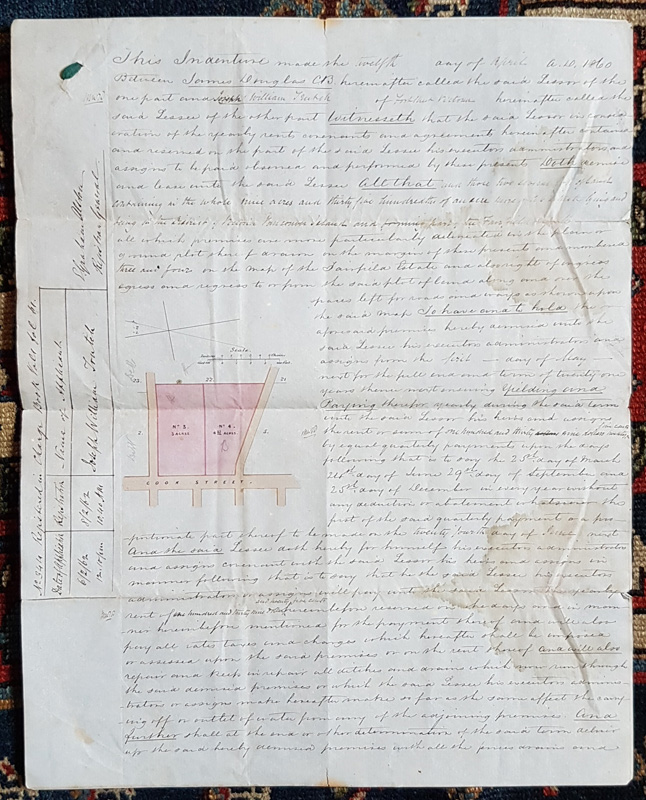 Page of lease with map and measurements inset. 
