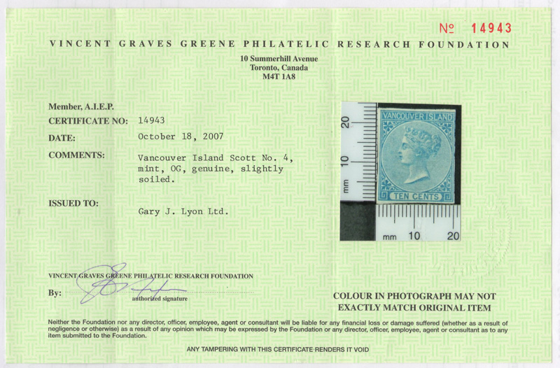 Greene Certificate for the BC #4 stamp
