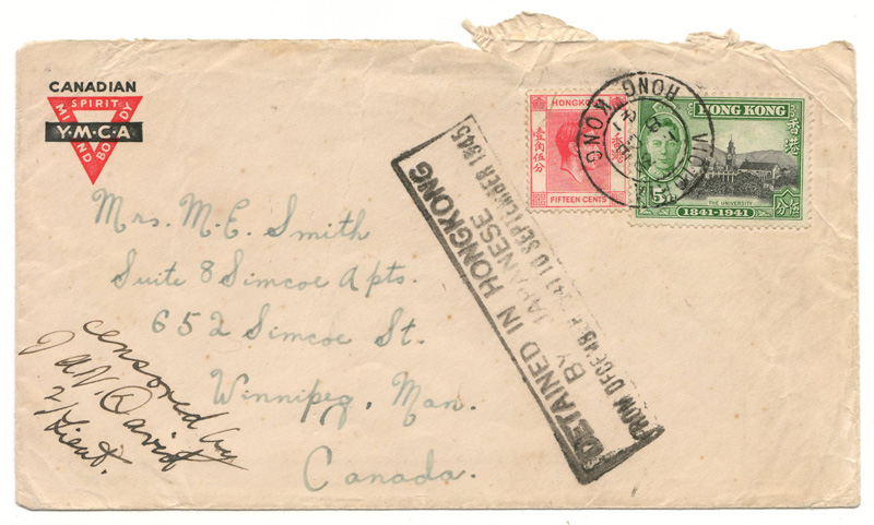 front of cover Canadian YMCA, Hong Kong Stamps with DETAINED IN HONG KONG stamp