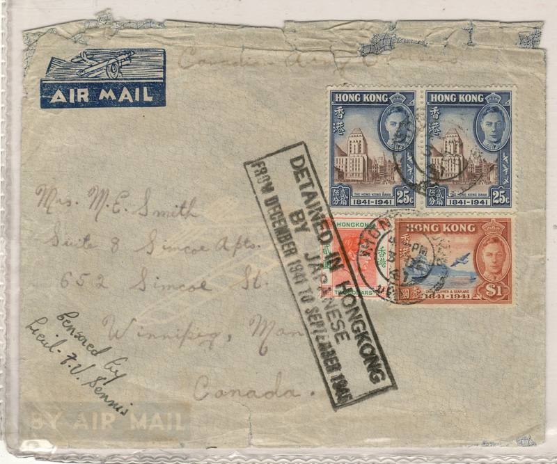 front of the 1941 HK cover stamped "Detained in HongKong by Japanese"