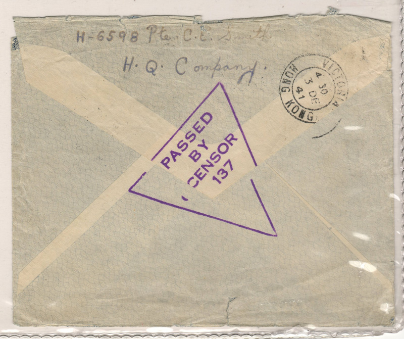 Back of cover stamped "Passed by Censor 137" and cancel 3 Dec 41, Victoria, Hong Kong