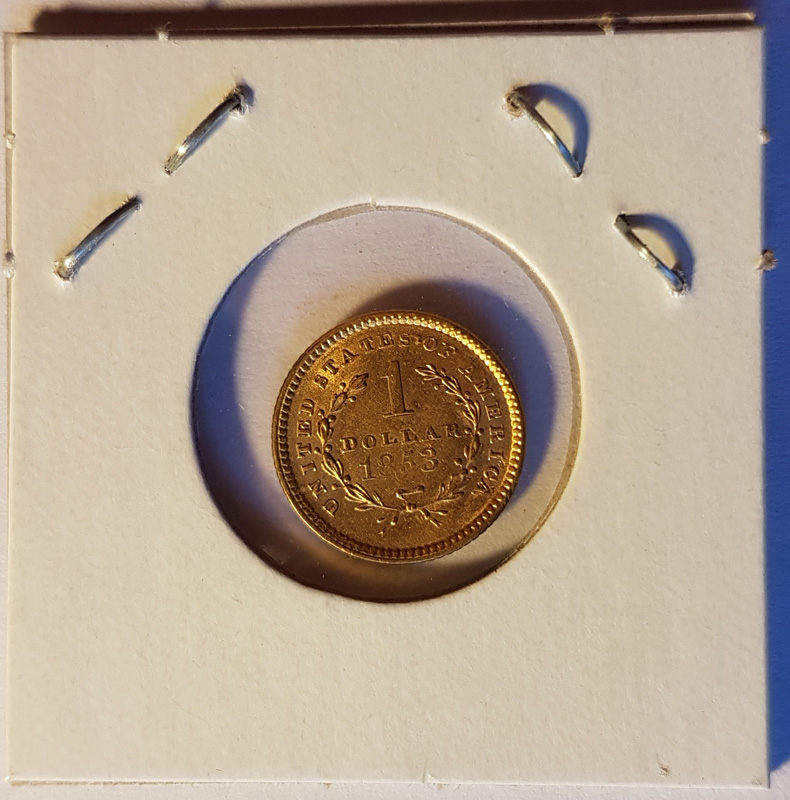 reverse of U.S.A. AU 1853 Gold Dollar