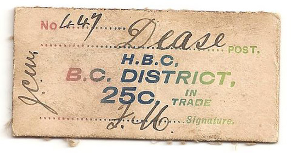 Front of grubby Dease Creek cream 25 Cent card money No. 447