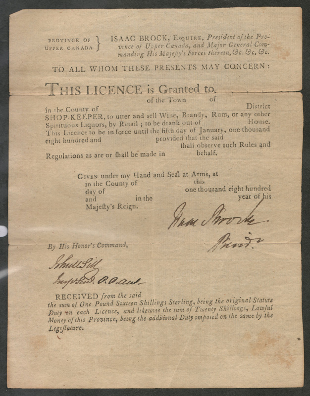 Scan of the Isaac Brock liquor licence