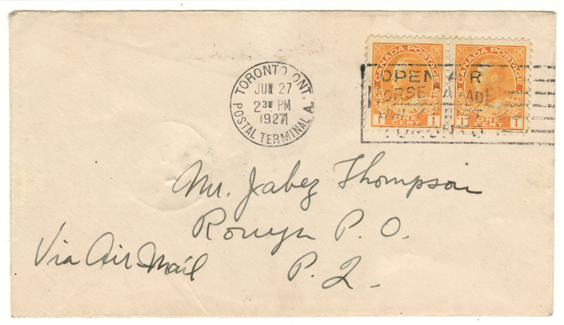 Front of cover 'via airmail' handwritten Toronto Postal Terminal