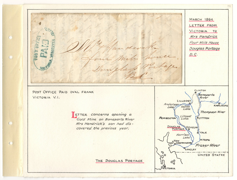 Page 19, March 1864 Victoria Paid Blue Oval Cover to Four Mile House, Douglas Portage, B.C.
