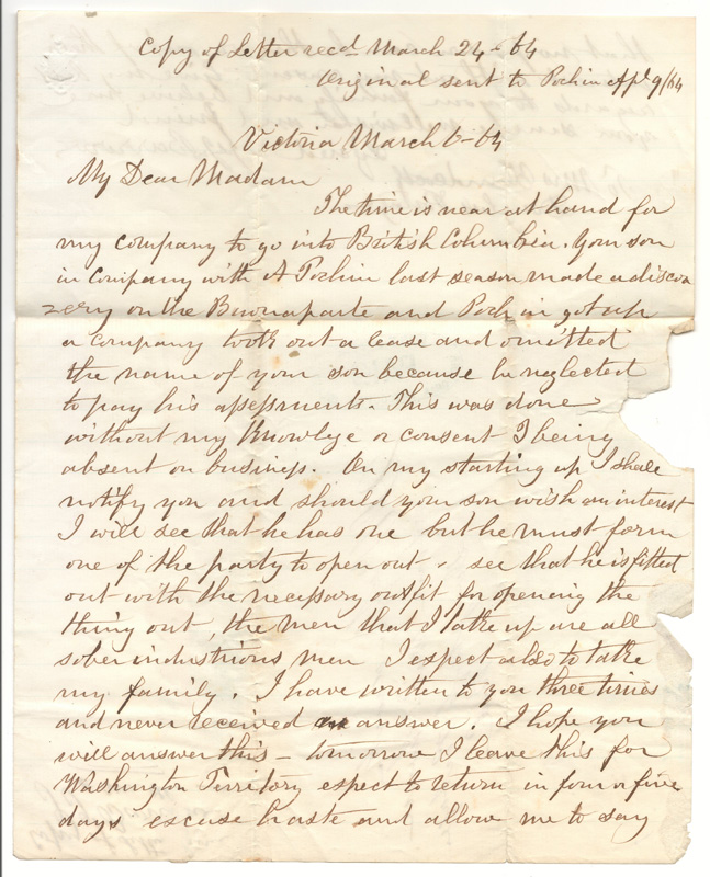 First page of letter, handwritten, My Dear Madam...