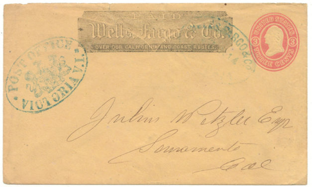 Wells Fargo 1864 Post Office Victoria Blue Oval Cover to Sacramento