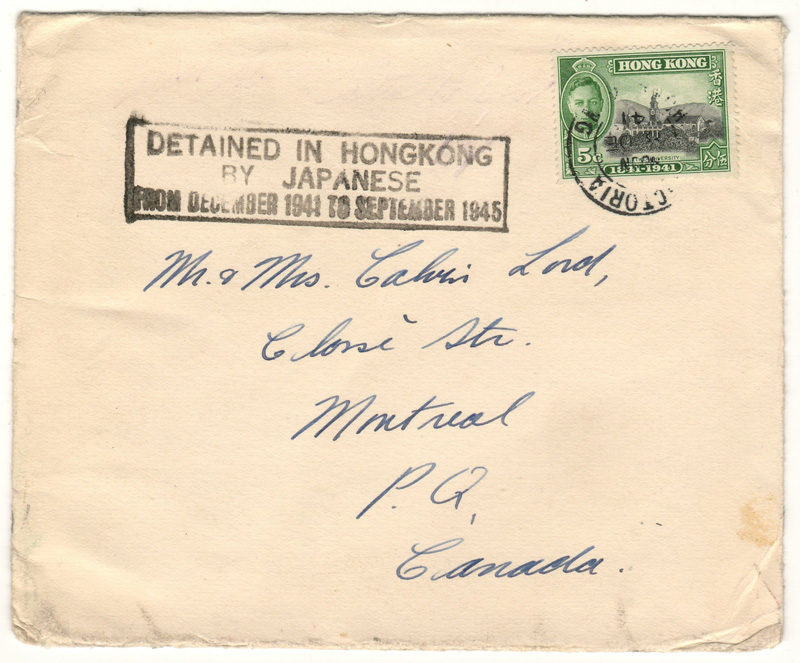 cover handwritten with stamp "Detained in Hong Kong by Japanese"