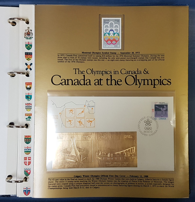 Canada at the Olympics page open with gold FDC