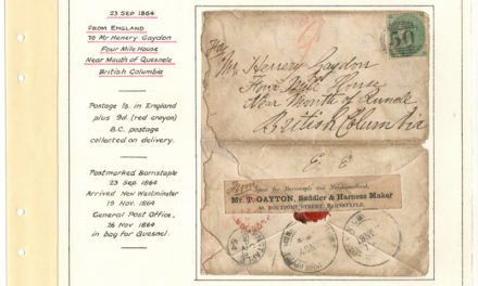 Page 22 of the Gerald Wellburn Fraser River Gold Rush Collection, Gayton 1864 1/- incoming Cover to Four Mile House, B.C.