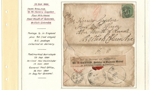 Page 22 of the Gerald Wellburn Fraser River Gold Rush Collection, Gayton 1864 1/- incoming Cover to Four Mile House, B.C.
