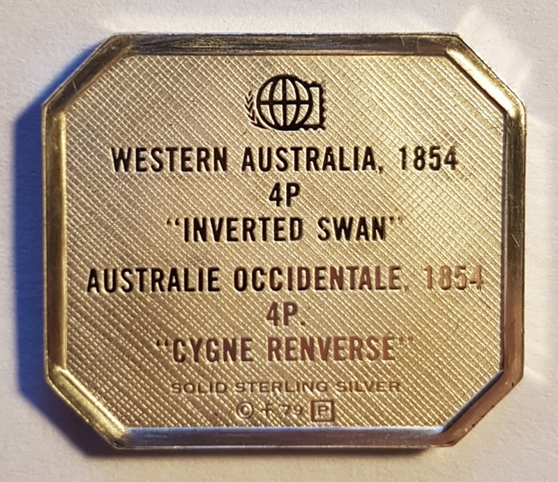 printed letters Western Australia 1854 inverted swan on stamp shape in silver