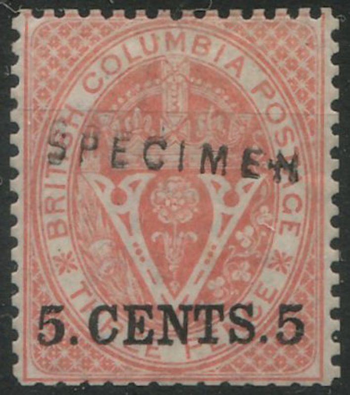 stamp with SPECIMEN 5.CENTS.5 overprint
