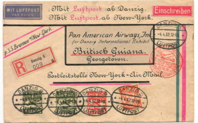 Danzig 4 Apr 1932 Registered S.S. Bremen Airmail Cover to Br. Guiana
