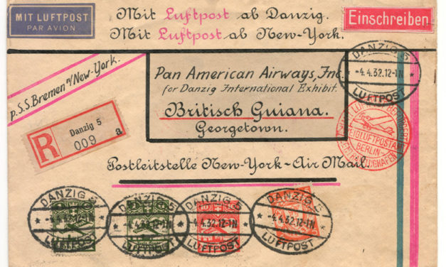 Danzig 4 Apr 1932 Registered S.S. Bremen Airmail Cover to Br. Guiana