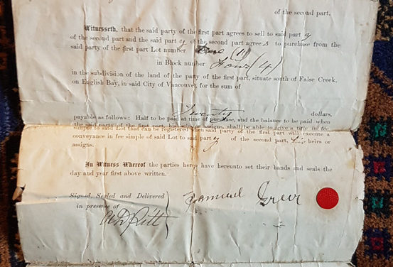 Sam Greer Signed Lot 1 Block 4 English Bay document