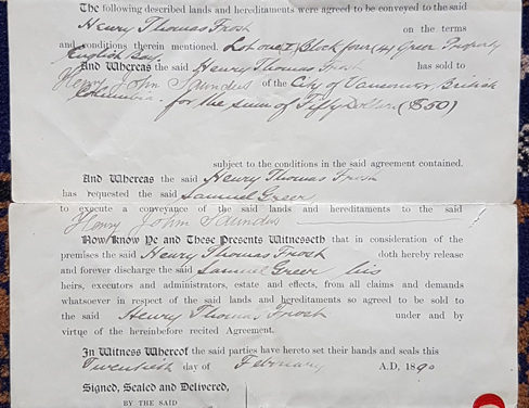 Henry Thomas Frost, Samuel Greer, Lot 1 Conveyance Document 20 Feb 1890