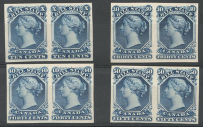 Canada #FB27P-FB30P VF 1865 10c-50c Imperf Proof Pairs on card (8)