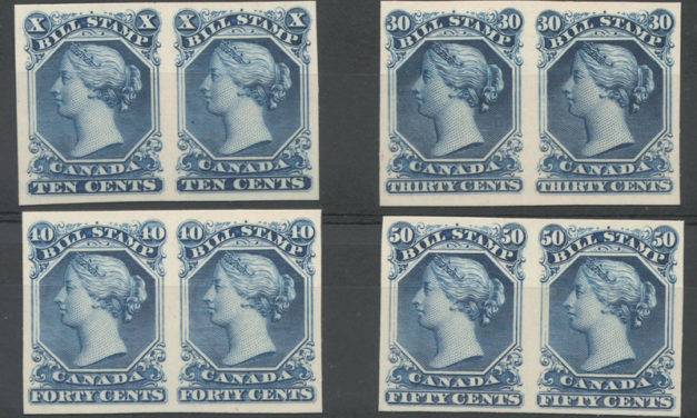 Canada #FB27P-FB30P VF 1865 10c-50c Imperf Proof Pairs on card (8)
