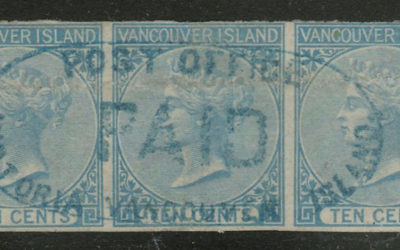 B.C. #4 Fine Post Office Paid Blue Oval Used Strip, crease $3000. (3)